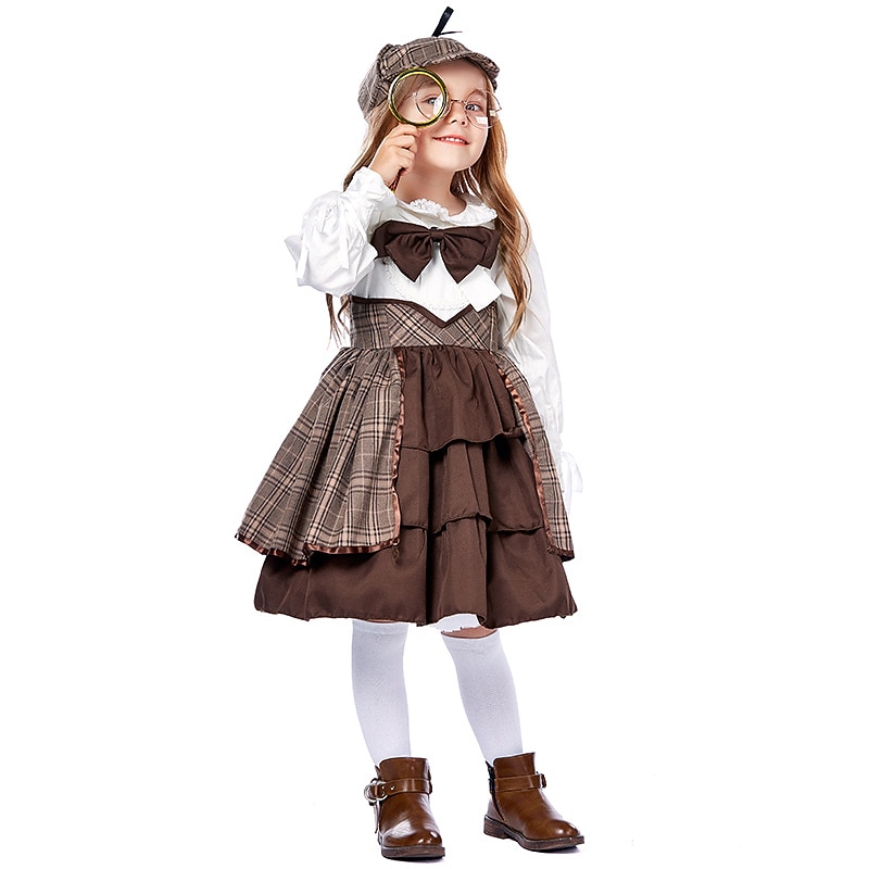 Detective Cosplay Costume Outfits 5 Pieces Girls' Movie Cosplay Cosplay Halloween Brown Dress Shawl Glasses Halloween Carnival Masquerade Cotton World Book Day Costumes2