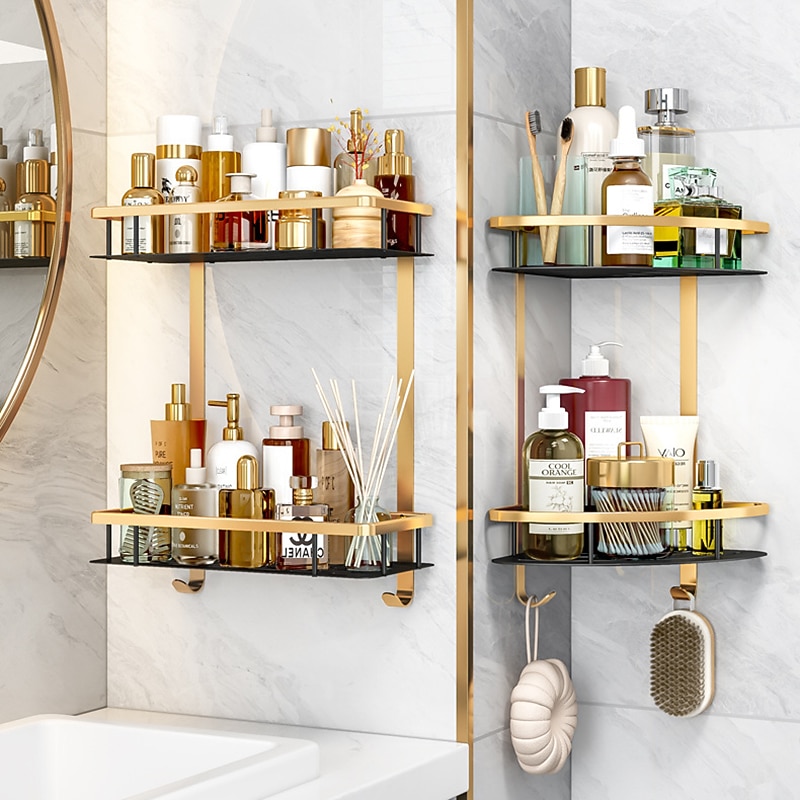 Shower Caddy Bathroom Corner Shelf Bathroom Shower Caddy Organizer for Kitchen Toilet No Drilling 2-tier Bathroom Corner Shelves Shower Caddies(Black&Golden)4