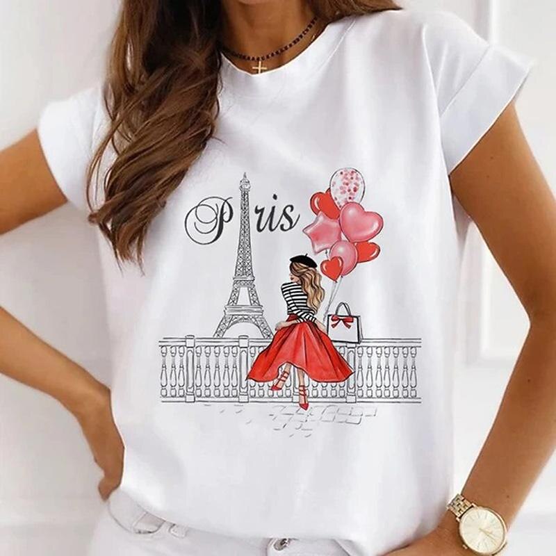 Women's T Shirt 100% Cotton New Paris Tower Print Pattern Women's Casual Round Neck Personalized Cute And Simple2