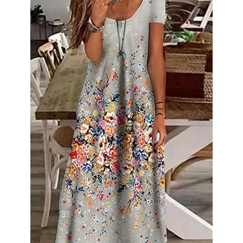 Women's Maxi Dress Casual Dress Shift Dress Elegant Vacation Casual Outdoor Daily Regular Fit Floral Short Sleeve V Neck Green Gray Summer Spring3