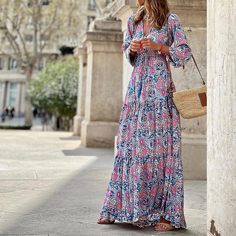 Women's Maxi long Dress Casual Dress Boho Chic Dresses Long Sleeve Boho Dress Boho Dress Elegant Bohemia Stylish Winter Dress Vacation Daily Regular Fit Floral Long Sleeve V Neck Pink Green Fall