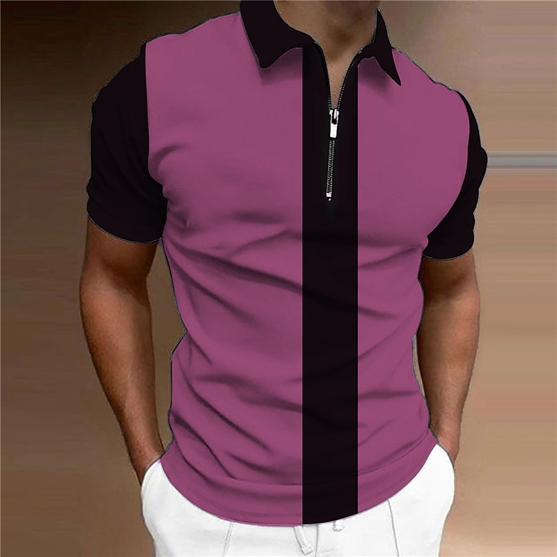 Men's Polo Shirt Golf Shirt Casual Daily Turndown Short Sleeve Fashion Designer Striped Zipper Print Spring & Summer Regular Fit Black Blue Purple Green Polo Shirt3