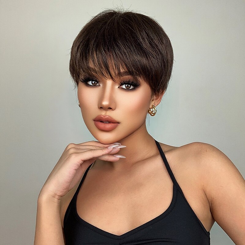 HAIRCUBE Short Straight Wigs Ombre Brown Synthetic Hair Wigs with Bangs for Black Women Daily Cosplay Heat Resistant Natural Hair Wigs Christmas Party Wigs3