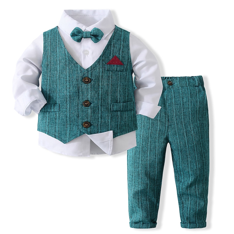 3 Pieces Ring Bearer Suit Boys Kids Suit Formal Suit Shirt & Pants Tank & Pants Clothing Set School Formal Vacation Fashion Basic Formal Stripe Patchwork Blue Khaki Gray Cotton