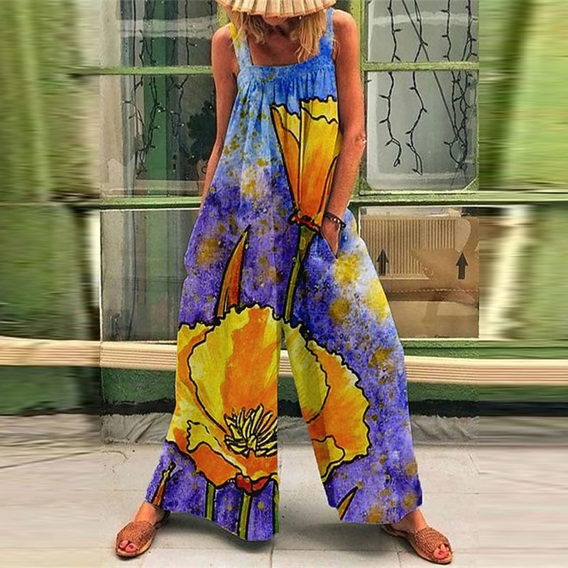 Women's Normal Overall Holiday Floral Sleeveless Wide Leg Square Neck Pocket Print Street Daily Regular Fit Yellow Light Green Pink Summer2