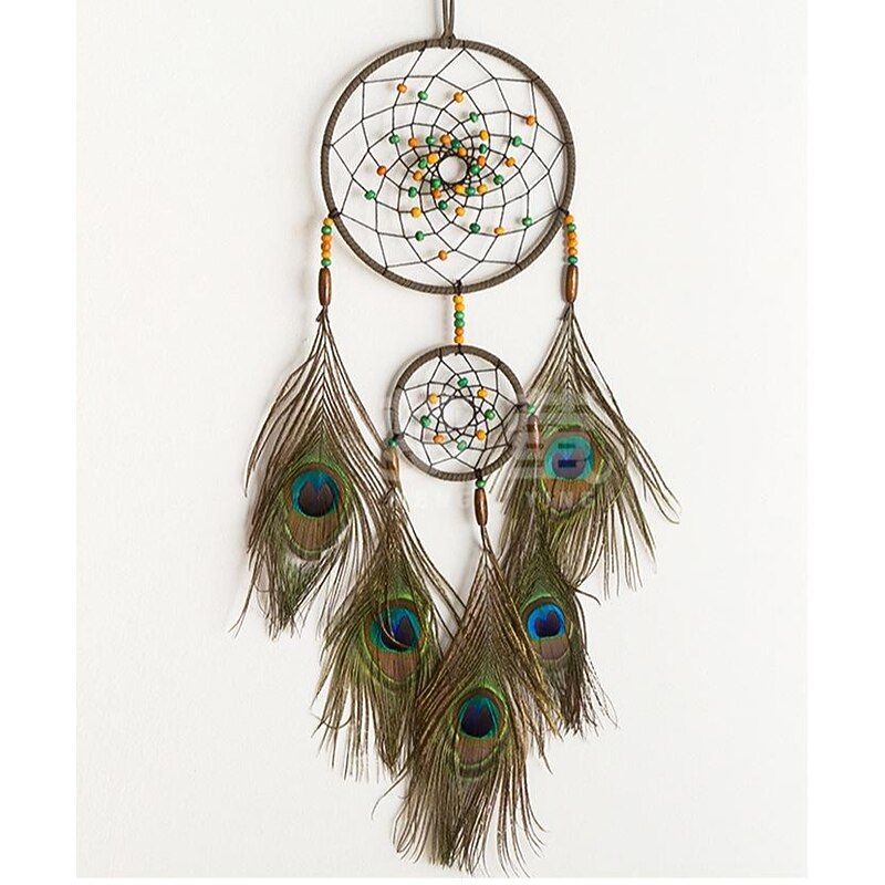 Green Dream Catcher Two Rings Handmade Gift with Noble Peacock Feather,Colorful Beads Wall Hanging Decor Art Hook Flower Wind Chimes Boho Style Home Pendant 15*55cm3