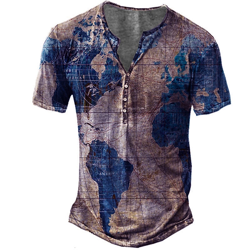 Men's Graphic Map T Shirt Vintage Shirt Henley Shirt Short Sleeve 3D Print Designer Basic Casual Outdoor Daily Sports Summer Blue Purple Green Khaki Henley Henley T-Shirt2