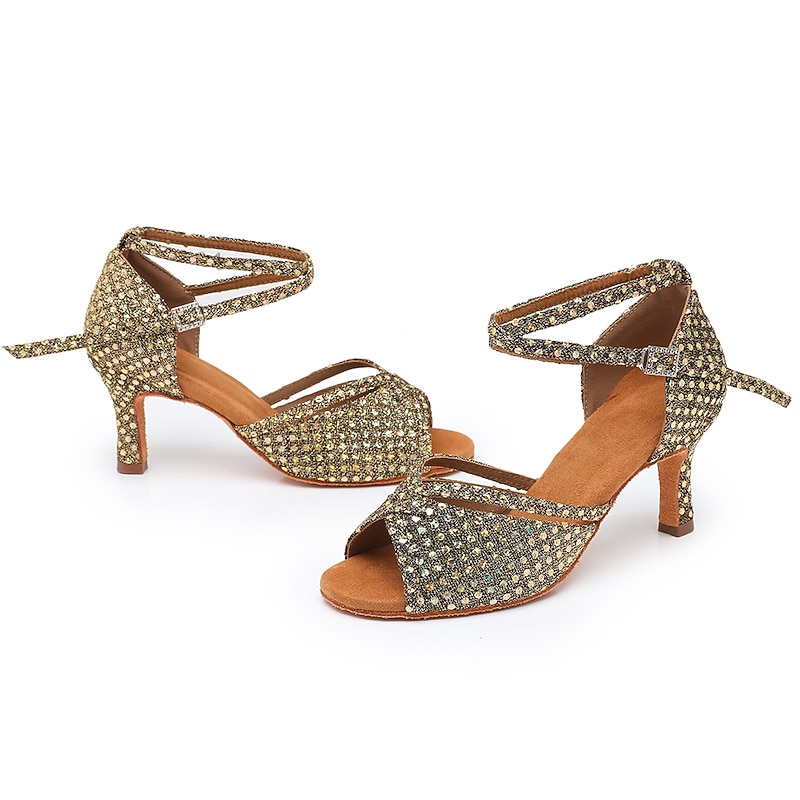 Women's Latin Shoes Dance Shoes Indoor Professional ChaCha Glitter Crystal Sequined Jeweled Softer Insole High Heel Round Toe Buckle Adults' Dark Brown / Sparkling Glitter / Satin 10