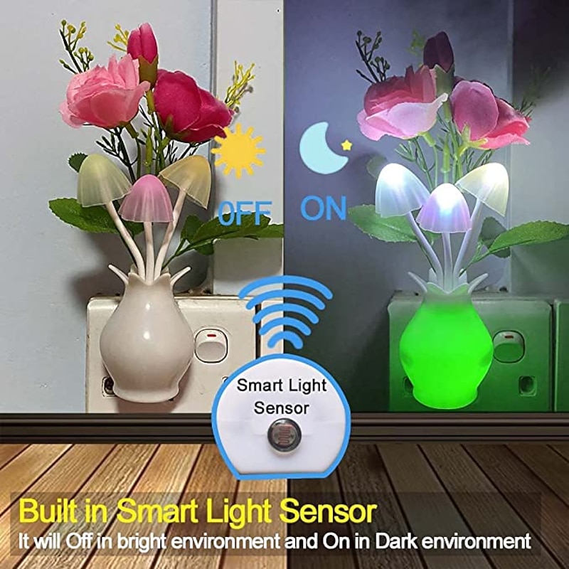 Plug in LED Night Light Auto Dusk to Dawn Sensor Energy Saving Lamp Dream Nightlight Valentines Rose Flower Mushroom Night Lights for Bedroom Bathroom Living Room Kitchen Hallway3