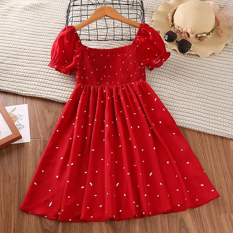 Kids Girls' Dress Polka Dot Short Sleeve Daily Puff Sleeve Princess Sweet Cotton Knee-length A Line Dress Summer Spring 4-12 Years Red2