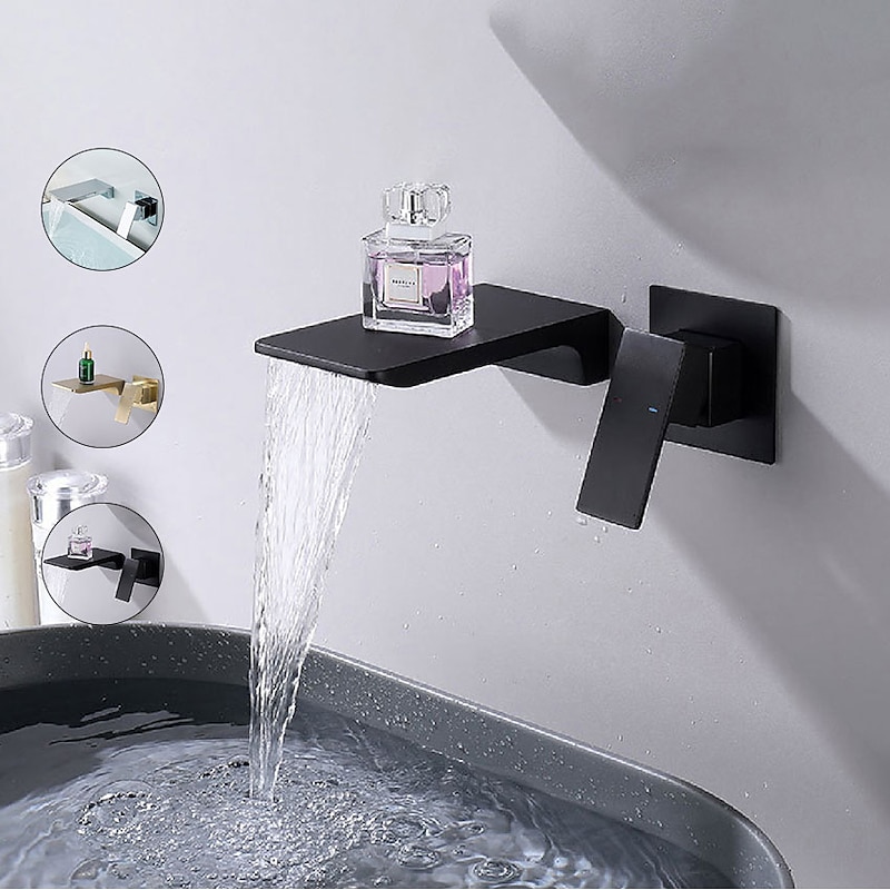 Waterfall Wall Mounted Bathroom Sink Mixer Faucet Matte Black, Solid Brass Basin Mixer Tap Single Handle One Lever Lavatory Taps Black Gold Chrome