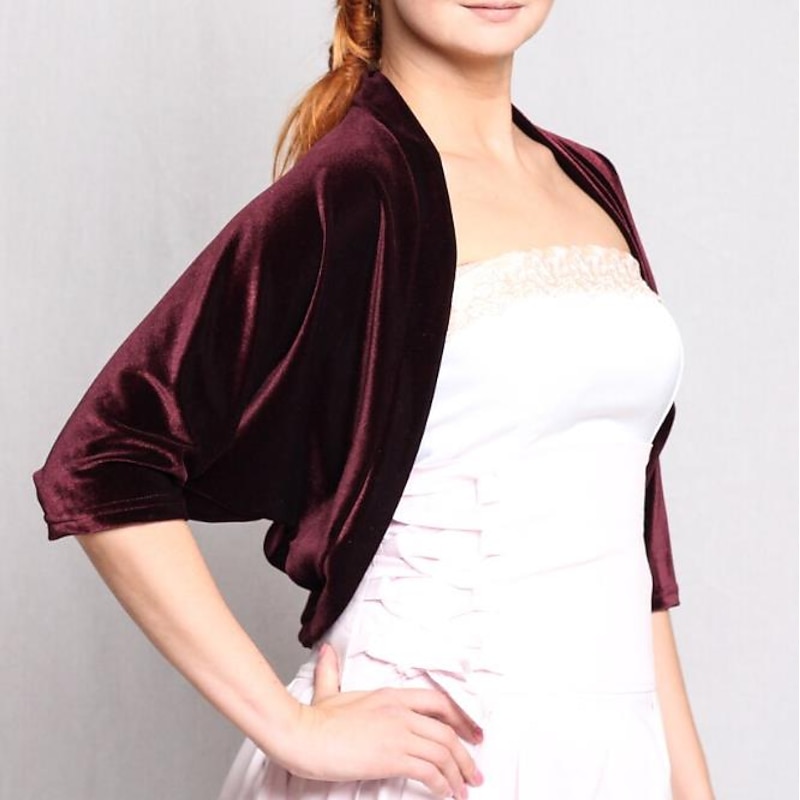 Burgundy Velvet Women's Wrap Shrug Bolero Elegant Casual Daily Keep Warm 3/4 Length Sleeve Dolman Sleeves Velvet Wedding Wraps With Pure Color For Evening Party Fall & Winter dress to impress4