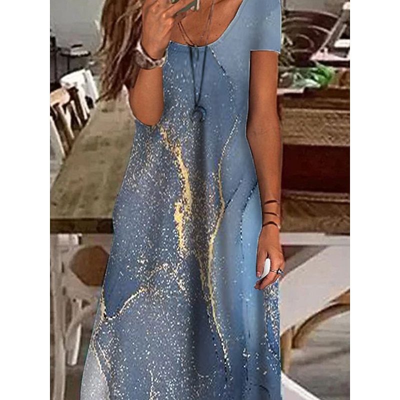 Women's Maxi Dress Casual Dress Shift Dress Elegant Vacation Casual Outdoor Vacation Daily Regular Fit Color Gradient Marble Short Sleeve V Neck Blue Light Blue Summer Spring3