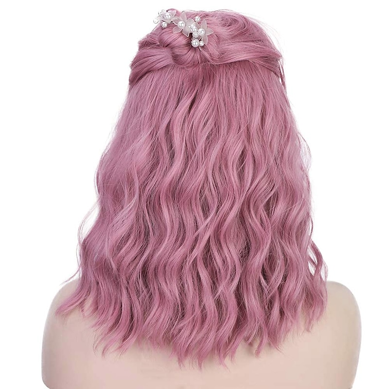Short Wavy Pink Wig with Bangs Women Short Pink Bob Curly Wig with Bangs Pastel Wavy Wig for Women Shoulder Length Synthetic Wig Colorful  Wigs Cosplay Wig Halloween Wigs3