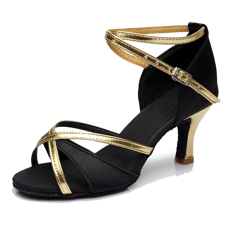 Women's Black and Gold Satin Dance Shoes with Soft Suede Sole – Strappy High Heel Sandals for Ballroom, Salsa, and Latin Dance2