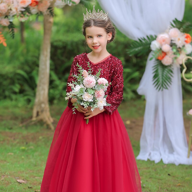Flower Girl Dress Girls' Dress Party Dress Performance Wedding Party Cute Sweet Thanksgiving New Year Sequins Long Sleeve V Neck Red Blue 4-13 Years