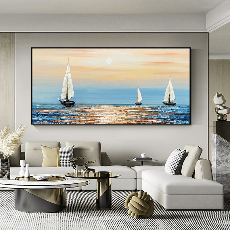 Handmade Oil Painting Canvas Wall Art Decoration Abstract Sailboat in the Sunset Painting Abstract Ocean Seascape Painting for Home Decor Rolled Frameless Unstretched Painting2