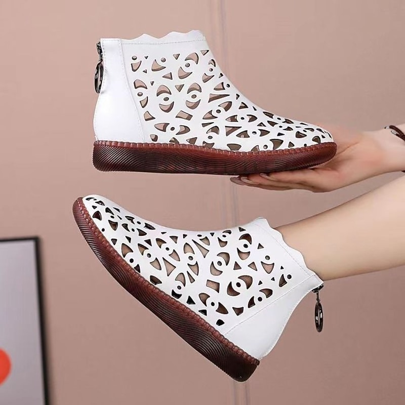 Women's White Hollow-Out Ankle Boots – Stylish Cutout Leather Booties with Soft Sole, Casual Vintage Shoes for Spring & Summer3