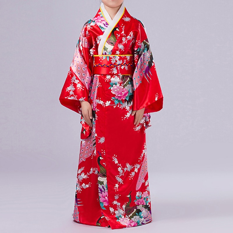 Girls' Yukata Robe Kimono Japanese Traditional Masquerade Kid's Kimono Coat Waist Belt Party4