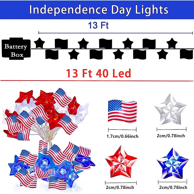 Patriotic 13FT 40LEDs String Lights with Remote Independence Day Decorations Lights Fourth of July Stars and Red White Blue String Lights 8 Modes Waterproof Fairy Lights for Home Decoration3