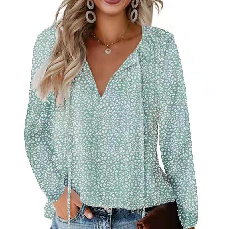 Women's Shirt Lace Shirt Blouse Dressy Tops Leopard Polka Dot Streetwear Casual Long Sleeve V Neck Regular Tops Casual Daily Holiday Lace up Print Black Light Green Pink Wine Blue Spring Fall2
