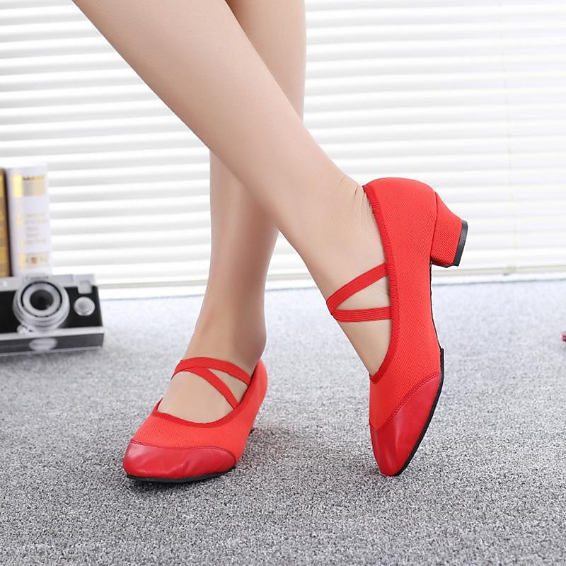 Women's Red Low-Heel Dance Shoes with Elastic Cross Straps – Comfortable and Lightweight Design for Ballet, Jazz, and Performance
