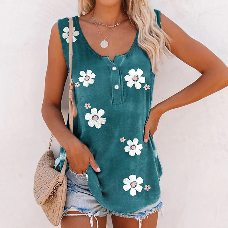 Women's Camisole Tank Top Camis Pink Blue Green Floral Button Print Sleeveless Daily Holiday Streetwear Casual V Neck Regular Floral Plus Size L2