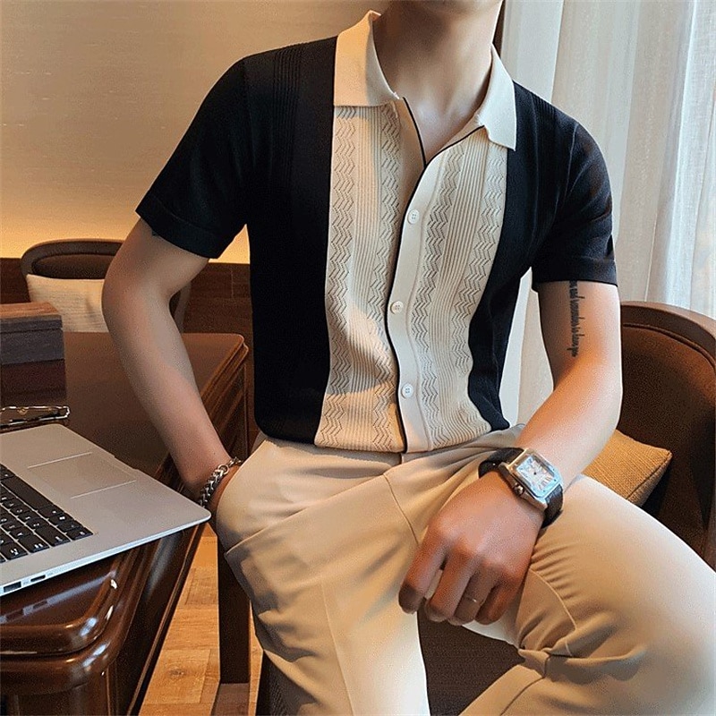 Men's Knit Polo Sweater Polo Shirt Casual Daily Turndown Button Short Sleeve Fashion Chunky Color Block Button Front Summer Spring Fall Regular Fit Black / Gray Yellow Knit Polo Sweater4