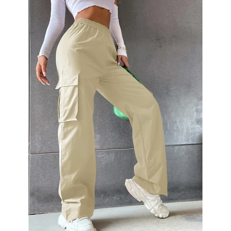 Women's Cargo parachute pants Chinos Trousers Full Length Cotton Blend Pocket Baggy Micro-elastic Mid Waist Fashion Casual Weekend Black Army Green S M Summer Spring & Fall2