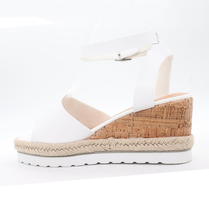 Women's White Cork Wedge Sandals with Ankle Strap – Casual Summer Platform Shoes for Everyday Wea2