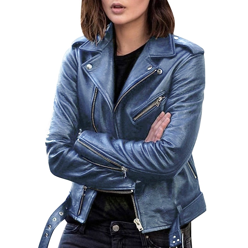 Women's Faux Leather Jacket Jacket Comfortable Pocket Full Zip Casual Solid Color Street Daily Zipper Short Regular Turndown Regular Fit Long Sleeve Outerwear Black Wine Blue Fall Winter4