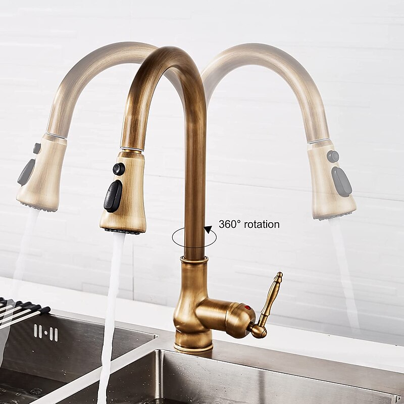 Kitchen Faucet with Sprayer,Antique Brass Pull-out 3-Function Outlet Mode Single Handle One Hole Sink Kitchen Taps with Soap Dispenser or Drain4