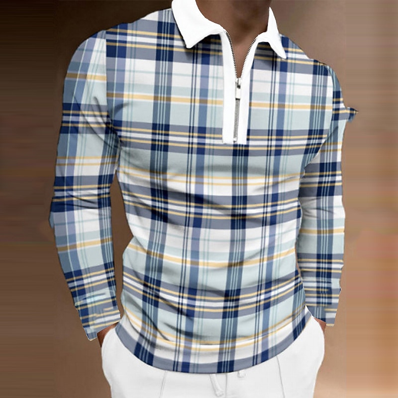 Men's Plaid Zip Polo Shirts Golf Shirt Long Sleeve Polo Shirts Collared Shirts Vintage Casual Vacation Wear Formal Wear Festival Wear 3D Print Quarter Zip Polo Blue