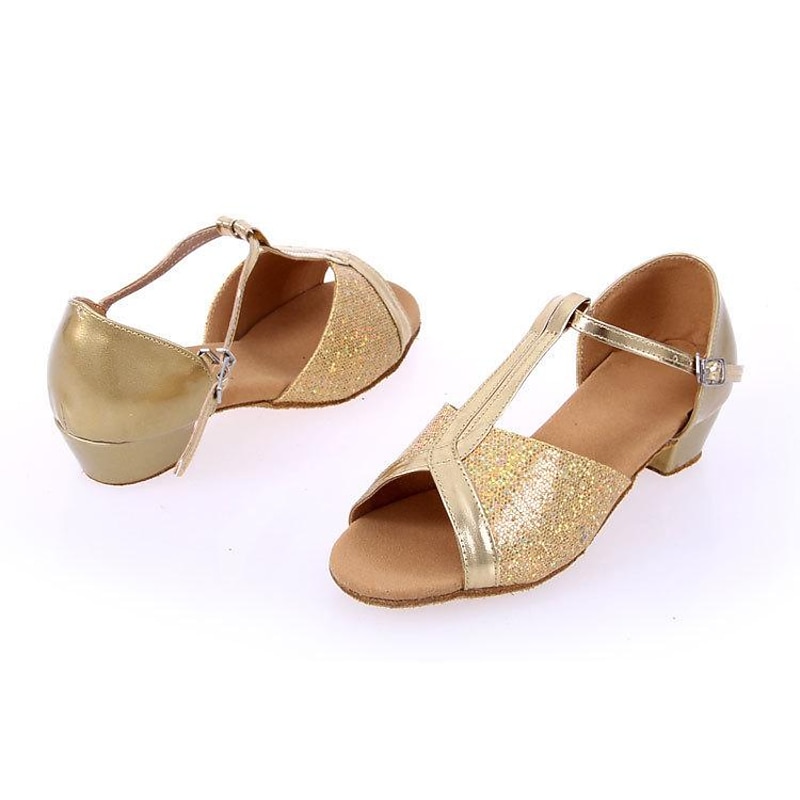 Girls' Latin Dance Shoes Dance Shoes Performance Stage Indoor Sparkling Shoes Heel Glitter Low Heel Thick Heel T-Strap Silver Gold4