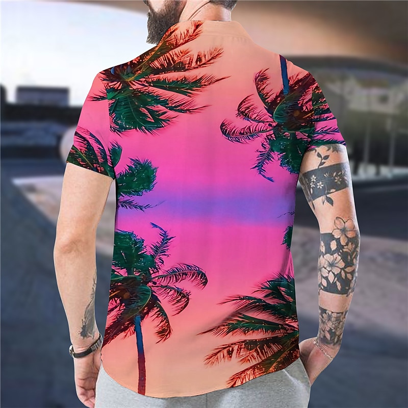 Men's Scenery Palm Tree Sunset Shirt Summer Hawaiian Shirt Aloha Shirt Short Sleeve Shirt Stand Collar Fashion Hawaiian Designer Outdoor Vacation Casual Light Pink Yellow Black / Purple 3D Print S M L2