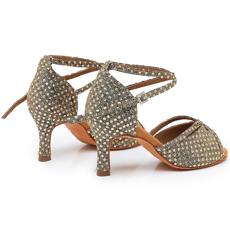 Women's Latin Shoes Dance Shoes Indoor Professional ChaCha Glitter Crystal Sequined Jeweled Softer Insole High Heel Round Toe Buckle Adults' Dark Brown / Sparkling Glitter / Satin 9