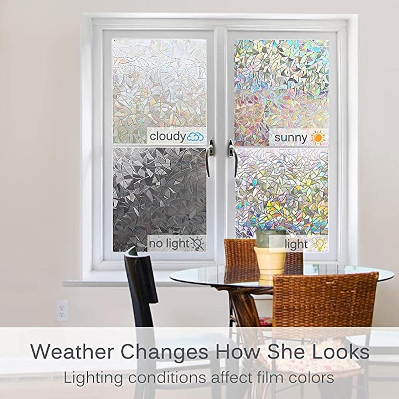Window Privacy Film, Rainbow Window Film, Removable Stained Glass Sticker, Heat Control Window Cling for Decor, Silver4