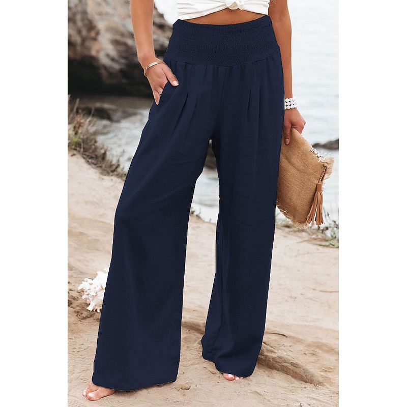 Women's Cotton Linen Pants Wide Leg Trousers Fashion Casual Lounge Full Length High Waist Baggy Micro-elastic Vacation Daily Apple Green Black White Dark Navy Autumn / Fall