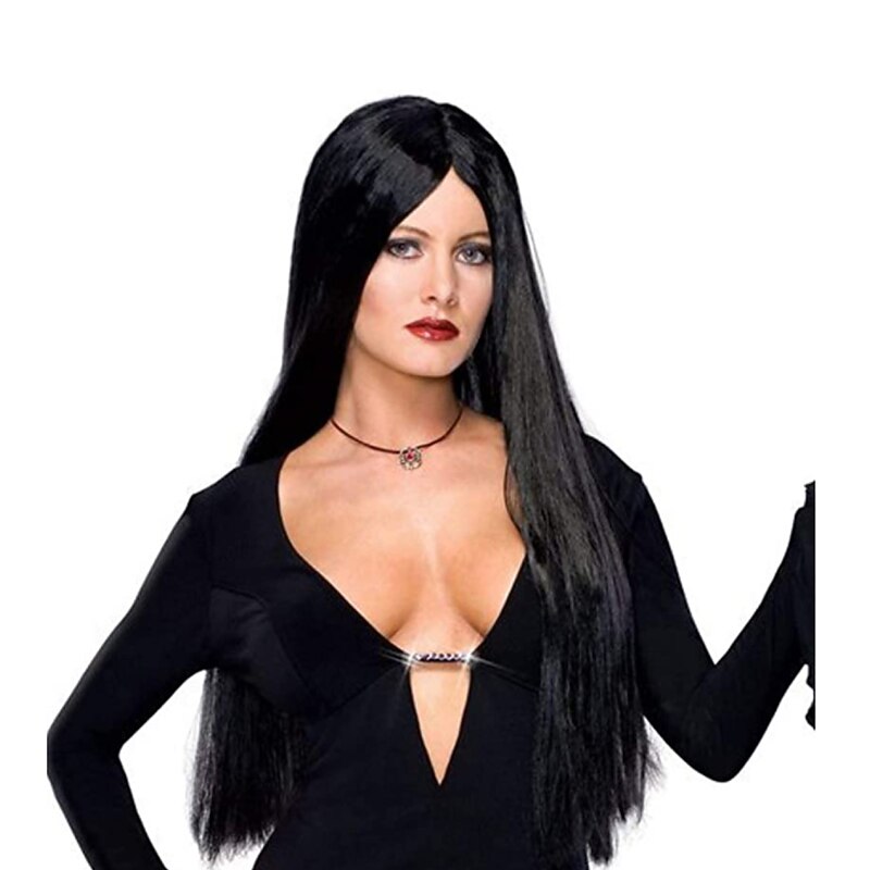 Adult Addams Family Deluxe Morticia Wig Long Black Synthetic Hair Wigs Halloween Wigs