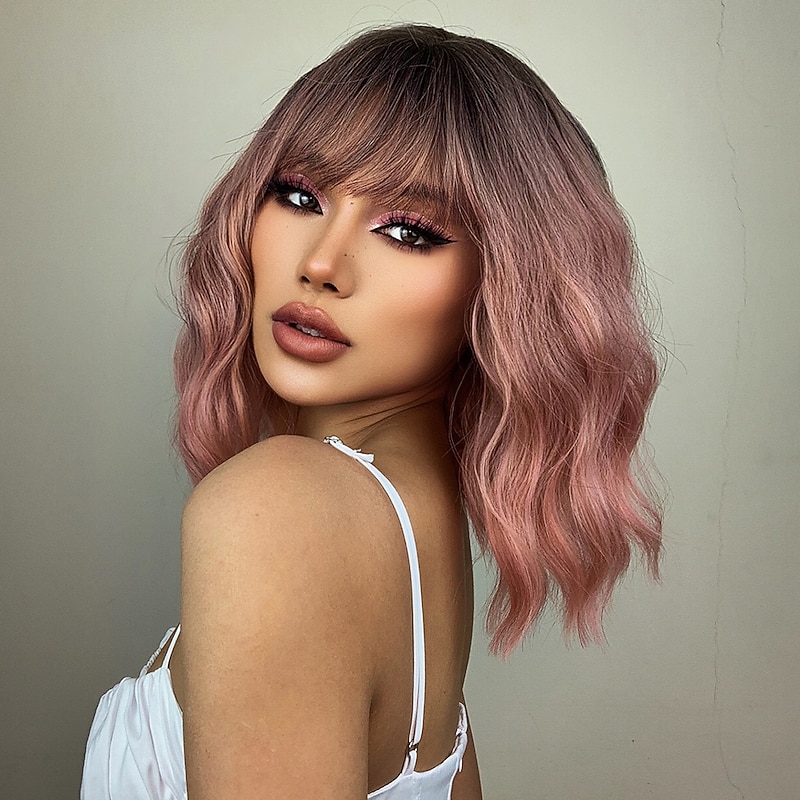 HAIRCUBE BOB Wigs Pink Water Wave Coaplay Wigs With Bangs Brown Auburn Short BOB Wigs For African American Women4