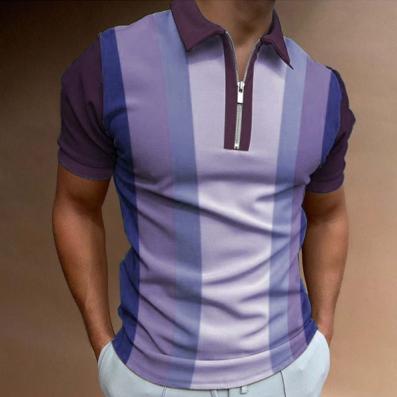 Men's Geometric Zip Polo Shirts Golf Shirt Short Sleeve Polo Shirts Collared Shirts Business Casual Vacation Wear Formal Wear Festival Wear 3D Print Quarter Zip Polo Yellow Purple Brown3