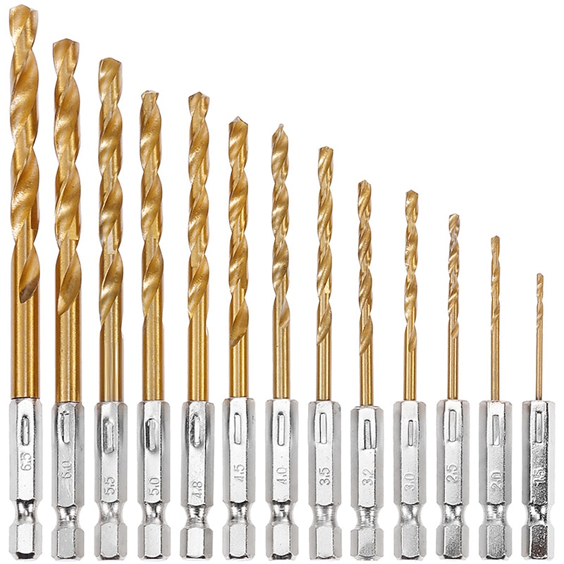 13pc Twist Drill Bits HSS High Speed Steel Titanium Coated Drill Bit Set 1/4 Hex Shank 1.5-6.5mm Hexagonal Handle Twist Drill