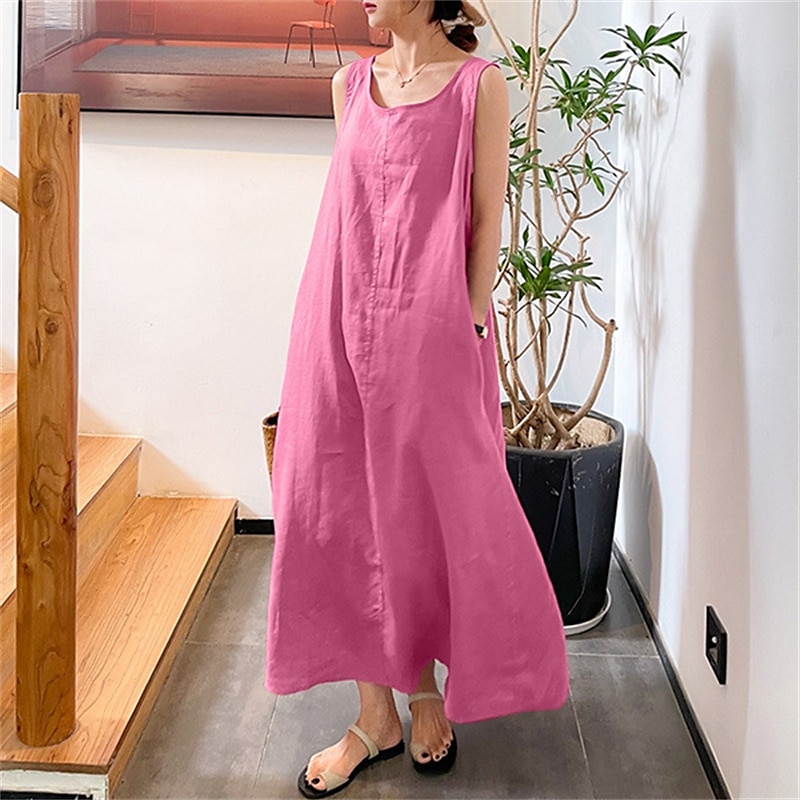 Women's Yellow Pink Red Summer Spring Maxi Dress Cotton Linen Dresses Casual Dress Cotton Summer Dress Basic Casual Vacation Daily Holiday Loose Fit Pure Color Crew Neck2