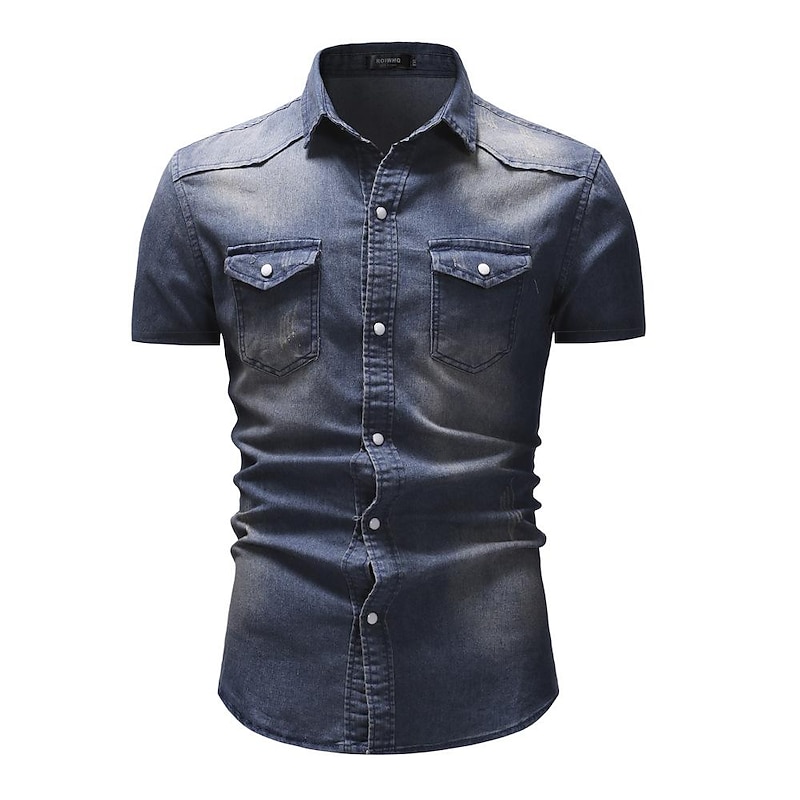 Men's Shirt Chambray Shirt Summer Shirt Jeans Shirt Button Up Shirt Cargo Shirt Light Blue Navy Blue Light Grey Dark Grey Short Sleeve Plain Turndown Vacation Street Denim Clothing Apparel Denim4