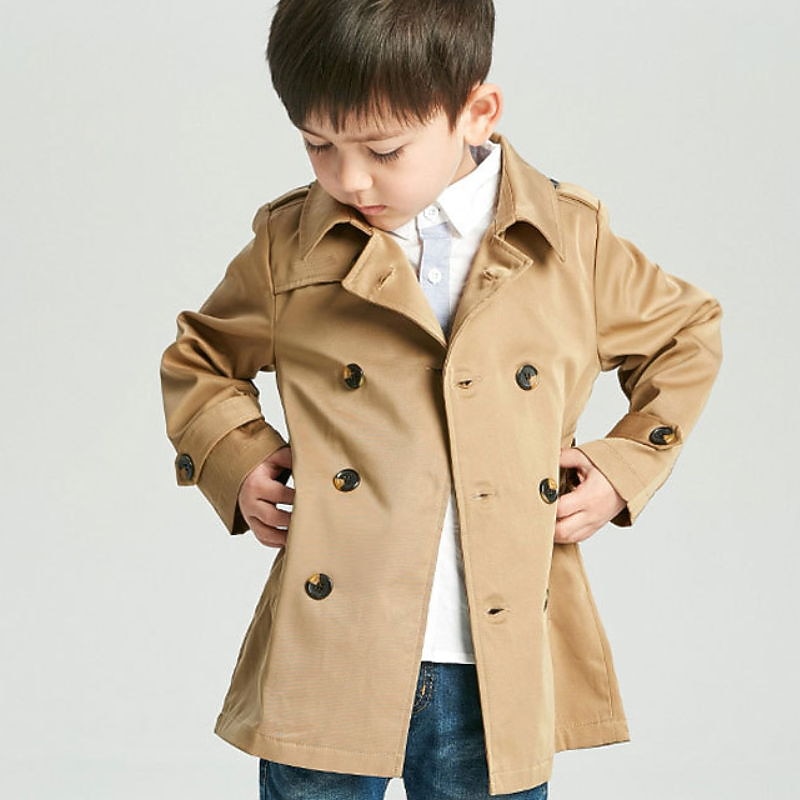 Boys 3D Plain Trench Coat Long Sleeve Spring Fall Active Cool Kids 2-12 Years Daily Regular Fit