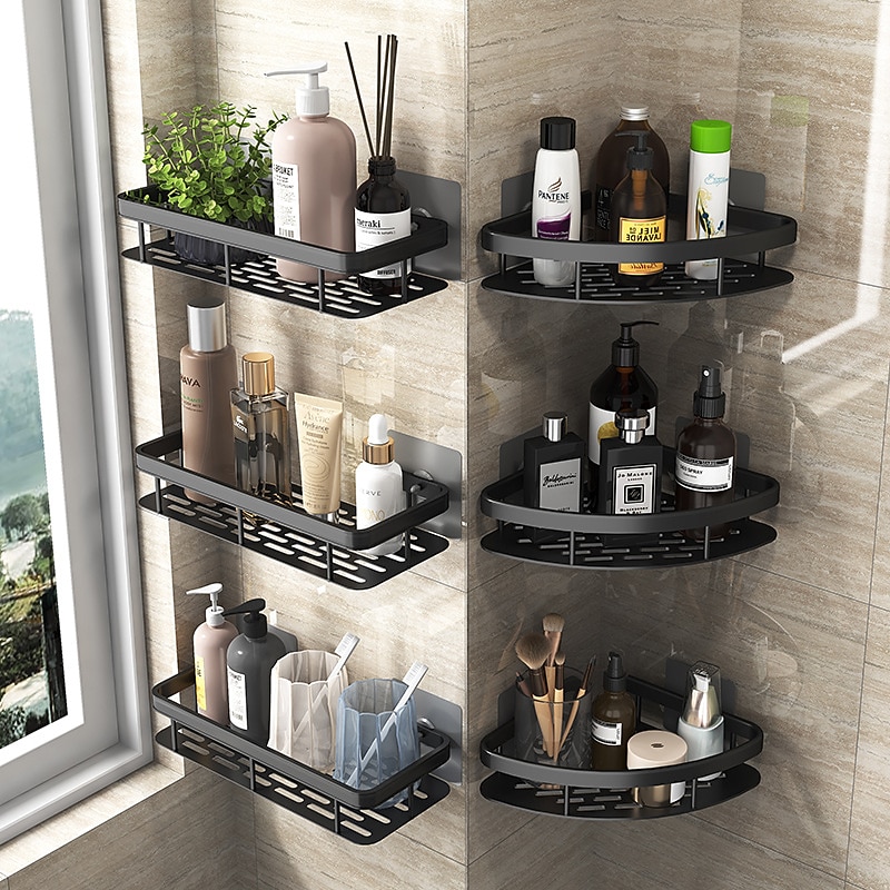 Shower Caddy Bathroom Triangle Basket Suction Cup Wall Type Space Aluminum Shower Room Triangle Non Perforated Toilet Corner Shelf