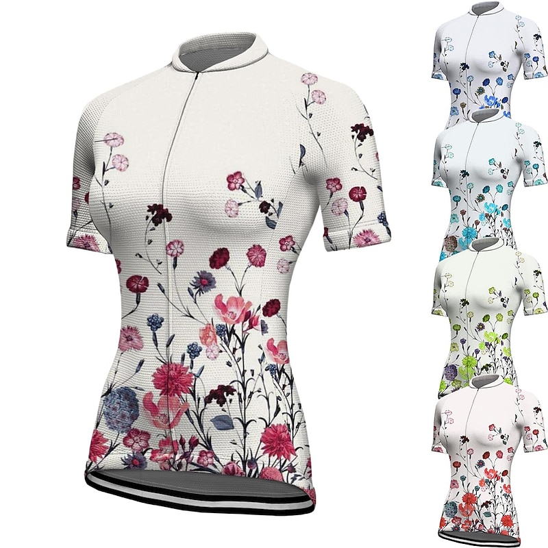 Women's Cycling Jersey Floral Botanical Short Sleeve Bike Jersey Top with 3 Rear Pockets Mountain Bike MTB Road Bike Cycling Quick Dry Reflective Strips Back Pocket Moisture Wicking Sports White