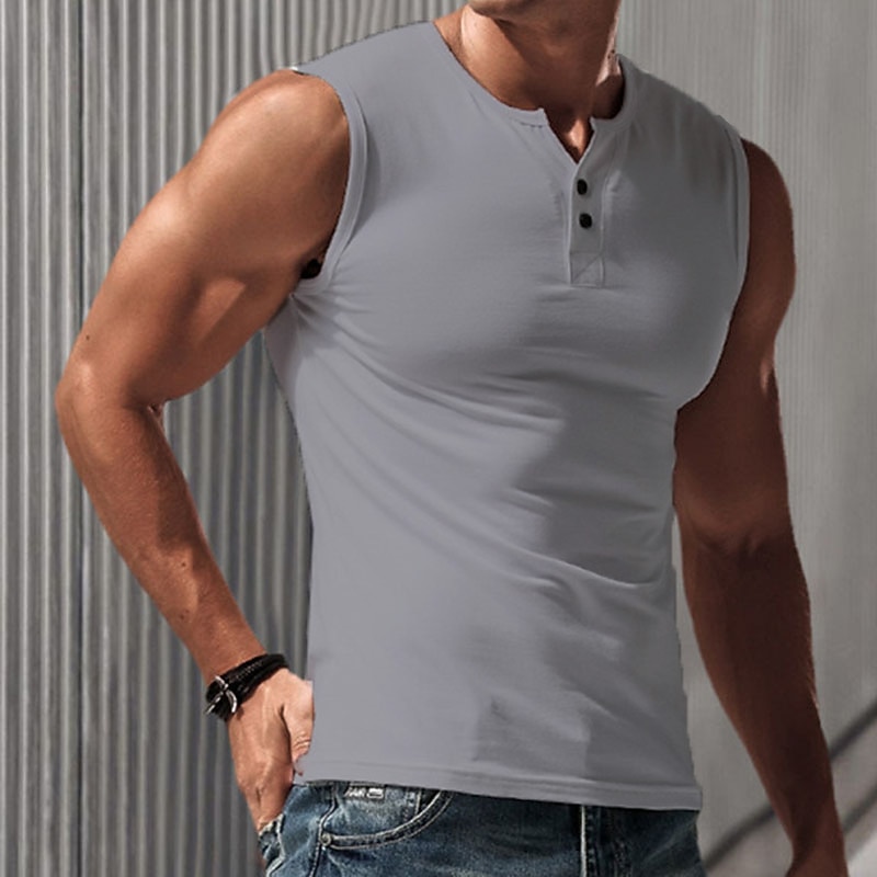 Men's Tank Top Vest Top Undershirt Sleeveless Shirt Short Sleeve Henley Summer Spring Solid Color Fashion Basic Classic Button-Down Street Casual Daily Black White Blue Top Tee for Men3
