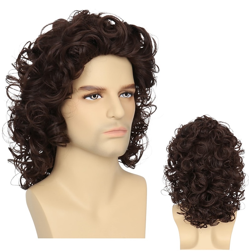 Hair Men Short Curly Brown Wig Mullet Wigs For Men 80'ss Wig Cosplay Halloween Wigs