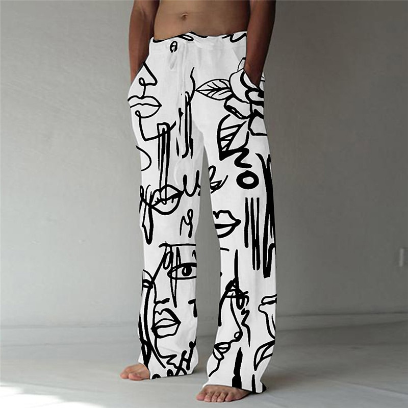 Men's Trousers Summer Pants Beach Pants Elastic Drawstring Design Front Pocket Straight Leg Graphic Prints Graffiti Comfort Soft Casual Daily Fashion Designer Black White